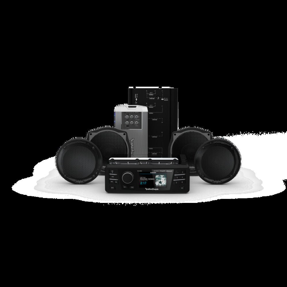 Rockford Fosgate Source unit, four speakers & amplifier kit for select 1998-2013 Street Glide Ultra Glide pn hd9813sgu-stage2