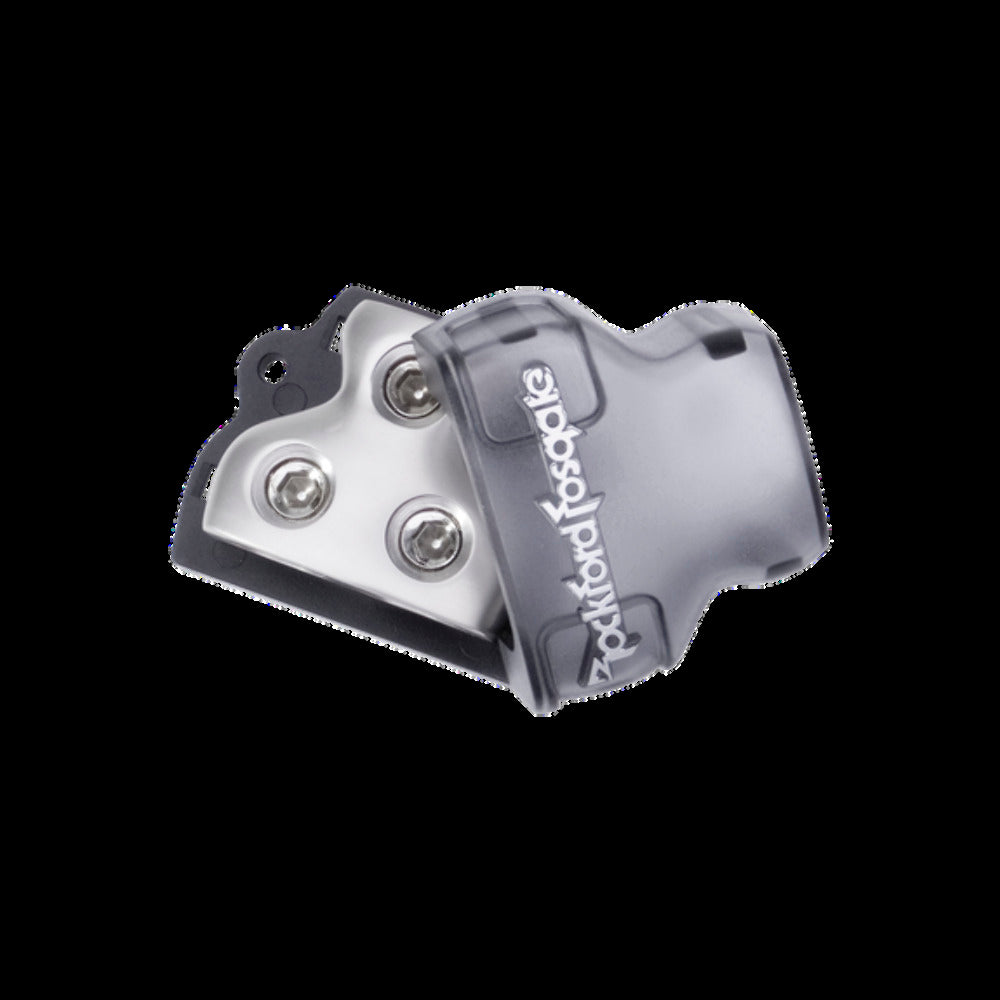 Rockford Fosgate Distribution block platinum finish (1) 1/0 AWG/ 4 AWG inputs (3) 4 AWG/ 8 AWG RFD4