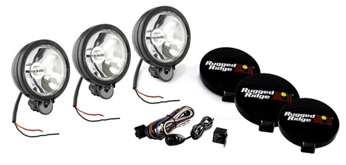 Rugged Ridge 15207.61 6 Inch Round Halogen Light kit; Set of 3; Black;