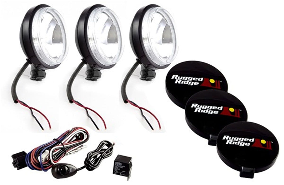 Rugged Ridge 15207.68 6 Inch Halogen Light Kit; Black Steel Housings; Set of 3