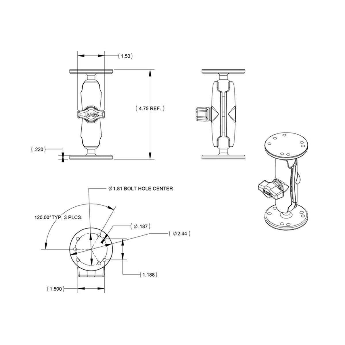 RAM Universal Double Ball Mount with Two Round Plates - Medium Arm - Size B