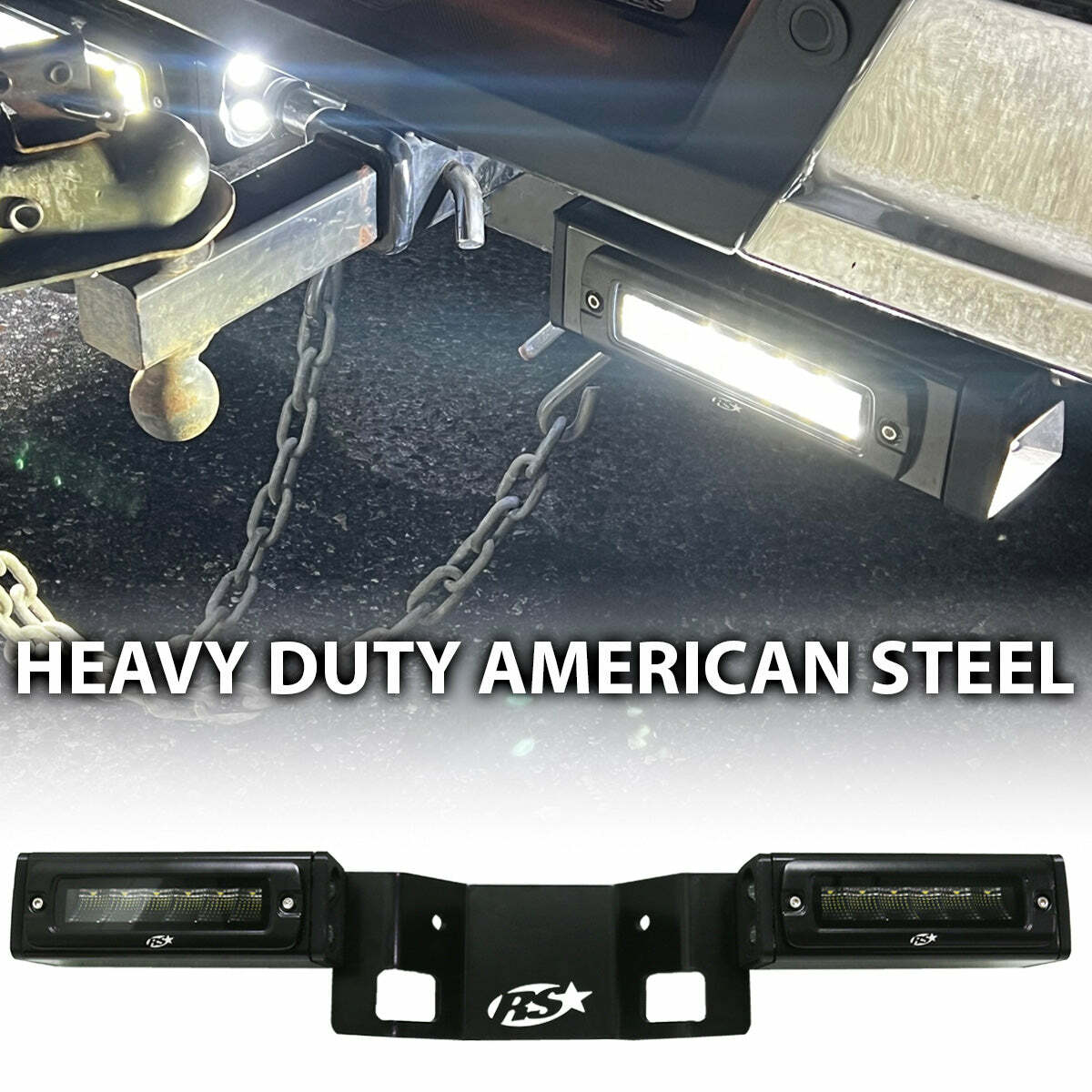 Race Sport Lighting 2020-2024 Chevy GMC 1500 Hitch Bar Reverse 7in LED Flood Lighting Heavy Duty Bolt-On Blacked Out Kit with Heated Lens and Dual End Light Cap GM1500HB19UP