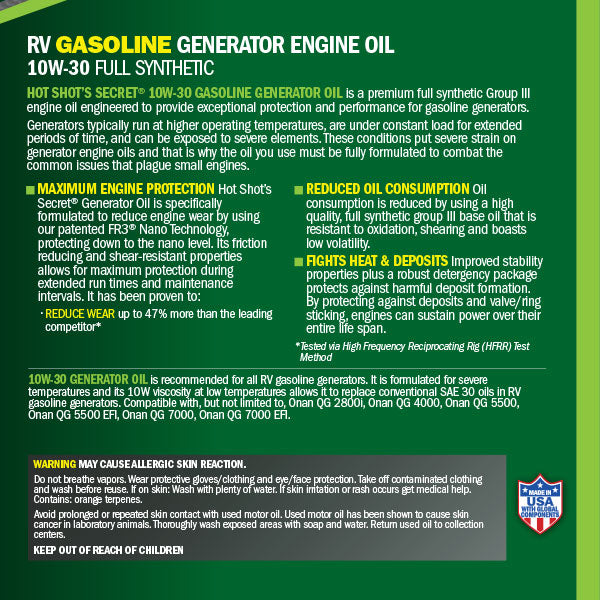 Hot Shots Secret GASOLINE GENERATOR OIL 10W30 - QUART HSSRVGASGENOIL32Z