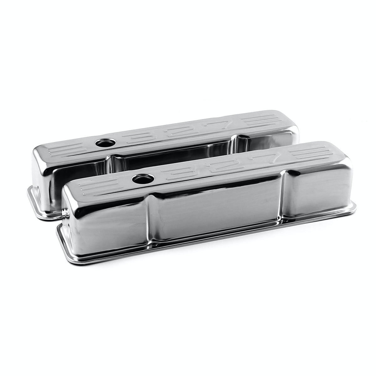 Speedmaster PCE314.1002.02 Chrome 327 Stamped Steel Valve Covers - Tall w/ Baffled Hole