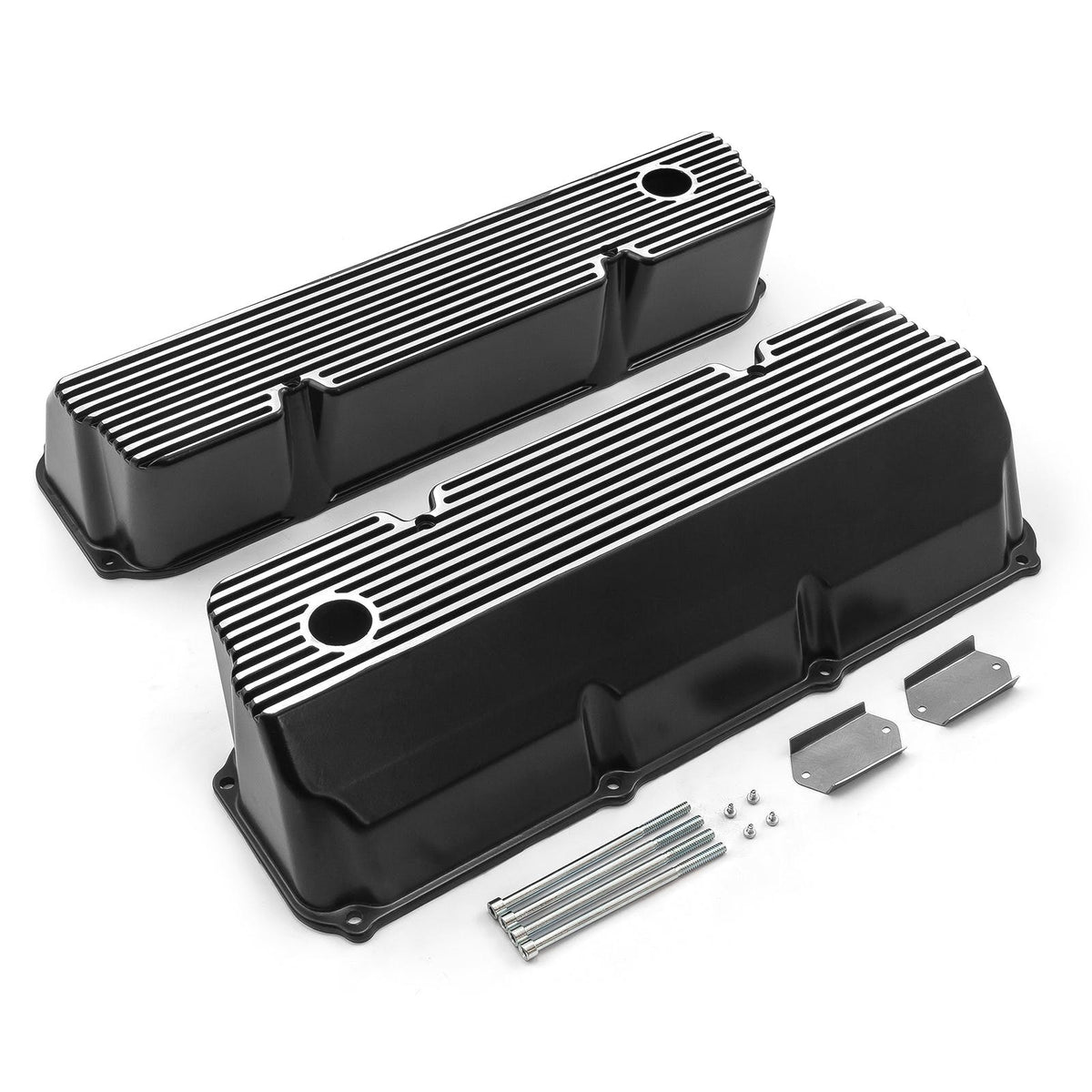 Speedmaster PCE314.1088.05 Black Finned Aluminum Valve Covers - Tall w/ Hole