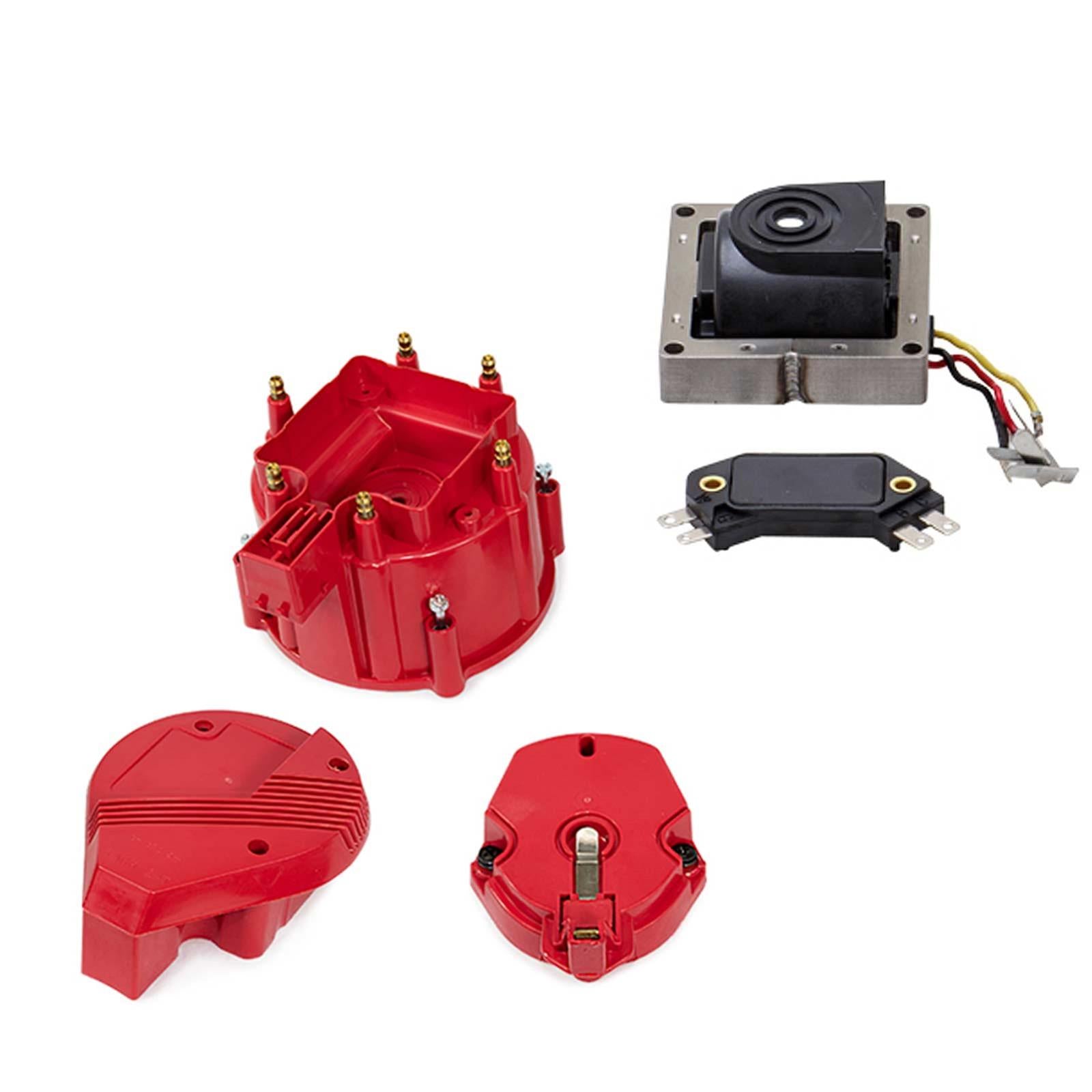 Top Street Performance JM6993R-KT HEI Distributor Tune-Up Kit - OEM Cap/Rotor, 65K Volt Coil and Module, 6 Cyl Red