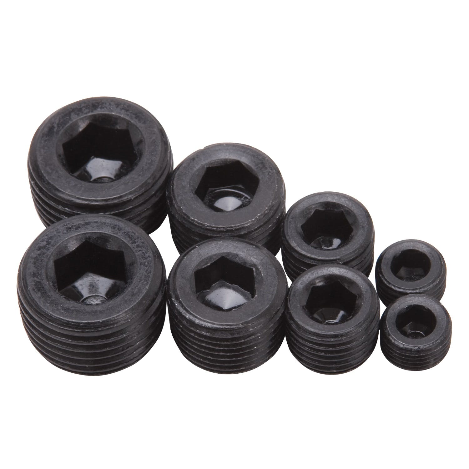 Edelbrock 8051 Socket Head Pipe Plugs in Black Finish - 1/8, 1/4, 3/8, 1/2 NPT (Qty 8)