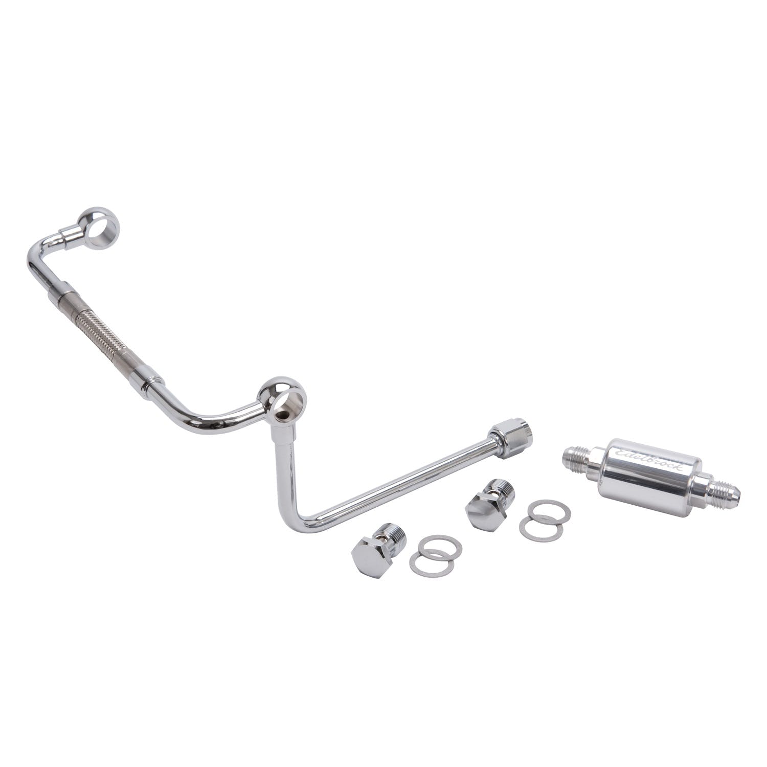 Edelbrock 8128 CHROME DUAL-FEED FUEL LINE KIT WITH POLISHED FILTER