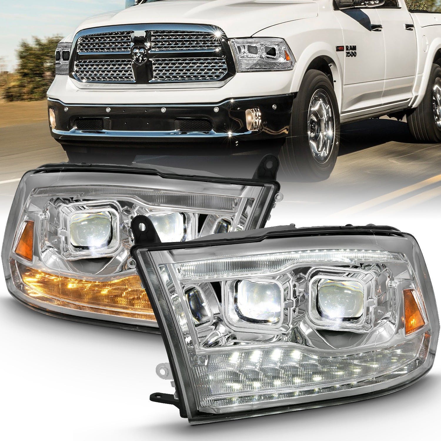 AnzoUSA 111465 LED Projector Plank Style Switchback Headlights Halo Chrome Amber (OE Style)