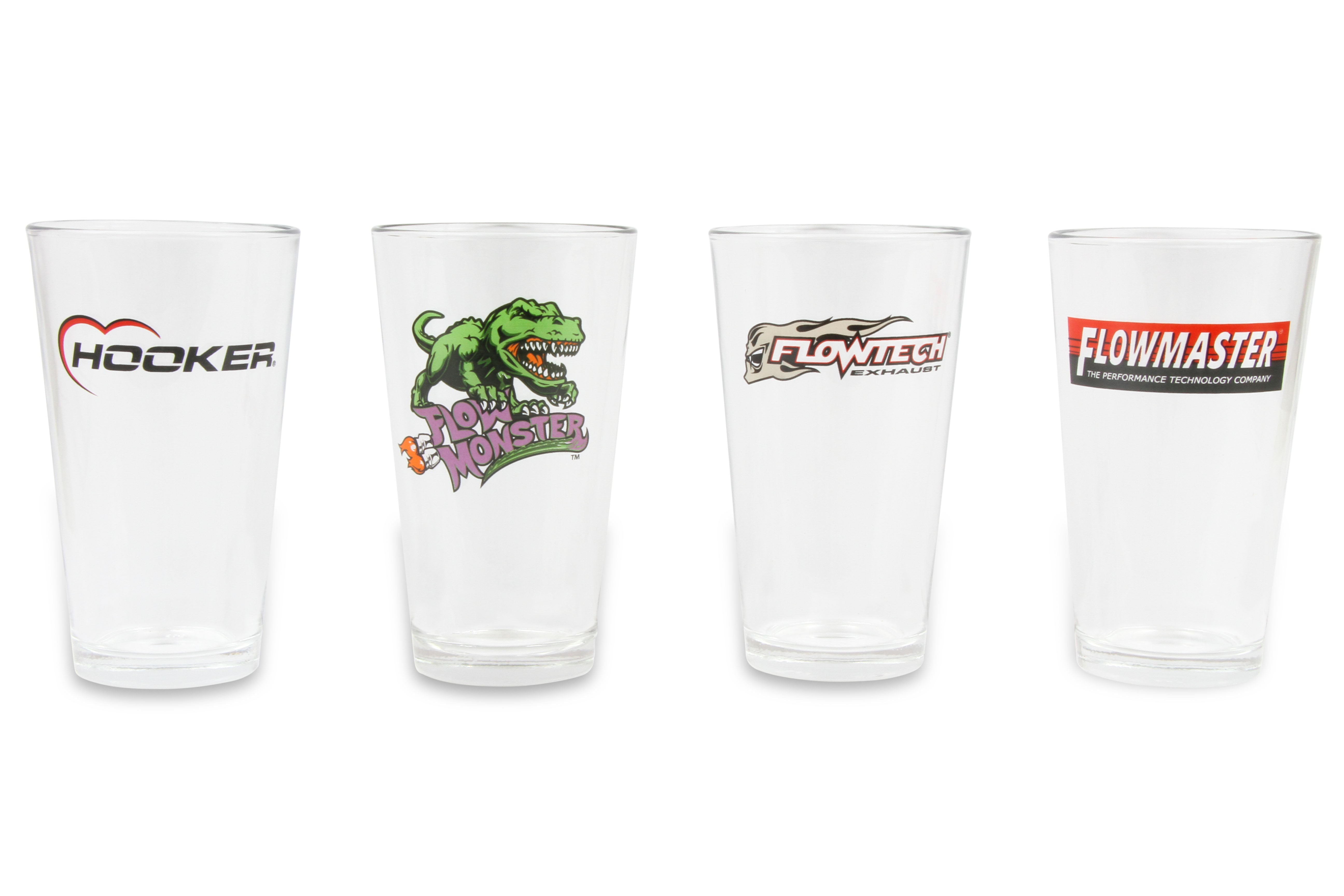 Holley 16oz pub glasses 4-pack assortment of logos including Hooker Headers Flow Monster Flowtech and Flowmaster 36-471