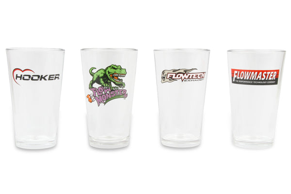 Holley 16oz pub glasses 4-pack assortment of logos including Hooker Headers Flow Monster Flowtech and Flowmaster 36-471