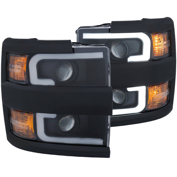AnzoUSA 111364 Projector Headlights with Plank Style Switchback Black with Amber (Black Rim)