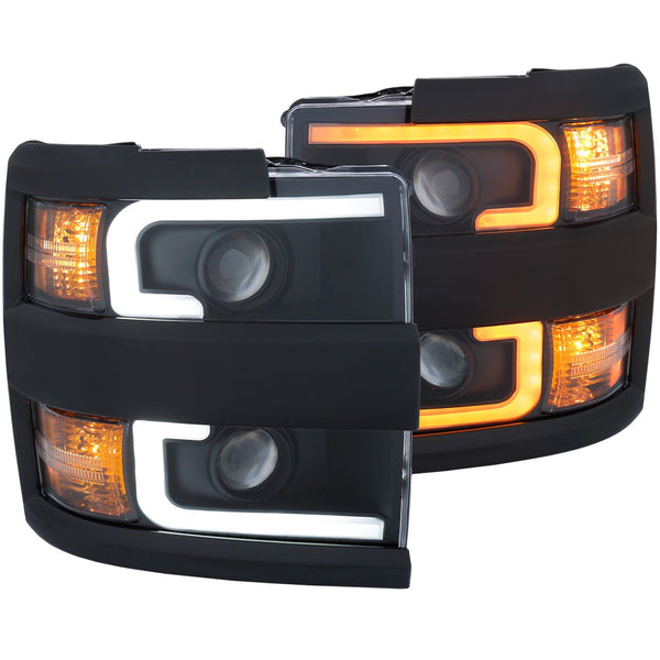 AnzoUSA 111364 Projector Headlights with Plank Style Switchback Black with Amber (Black Rim)