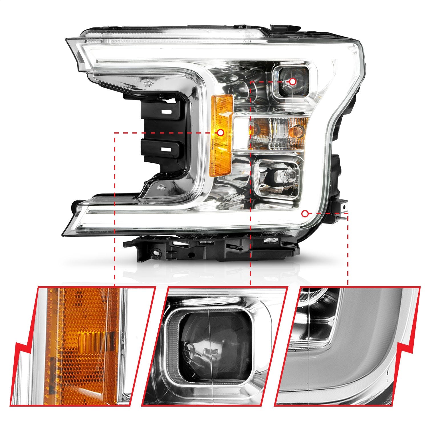 AnzoUSA 111399 Projector Headlights with Plank Style Switchback Chrome with Amber