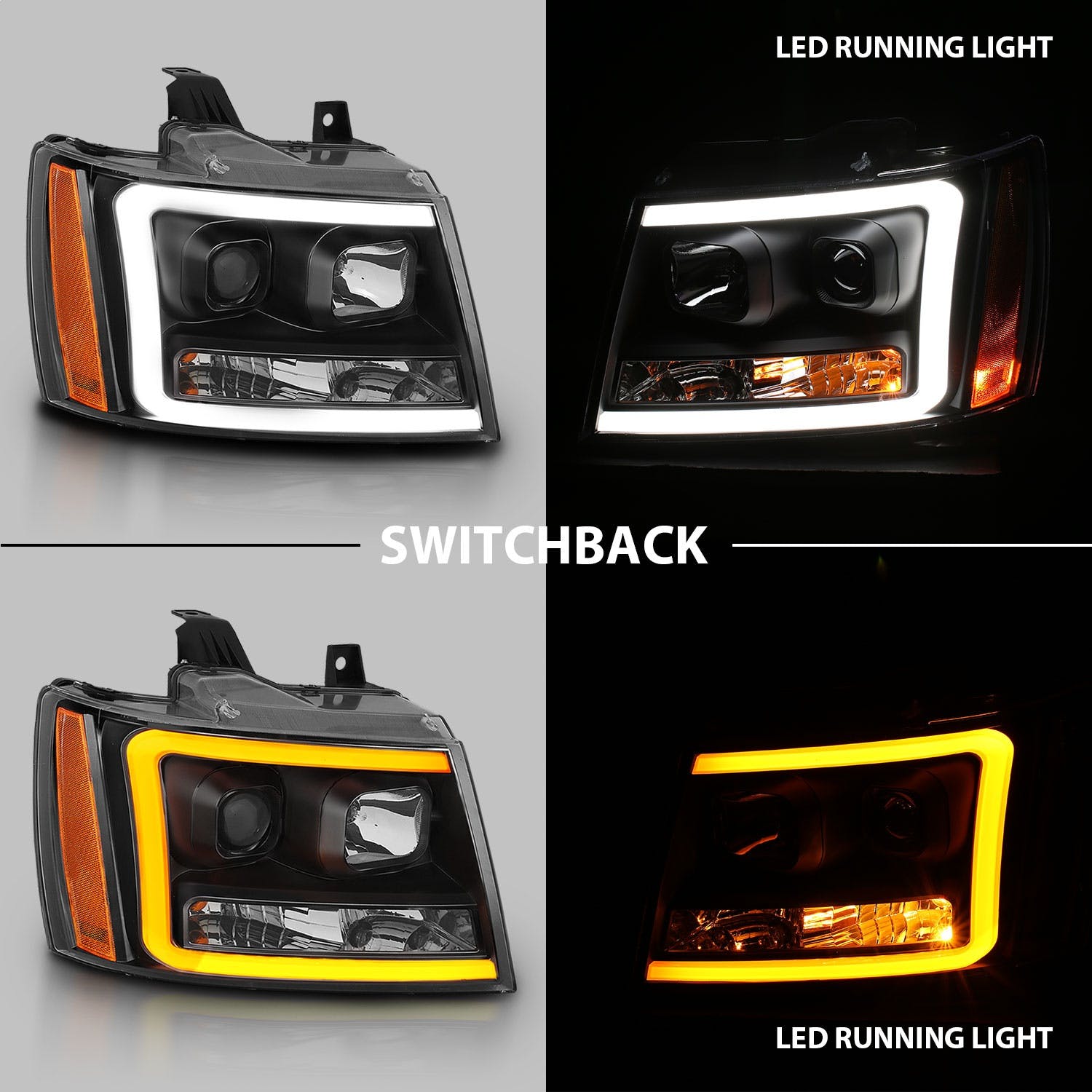 AnzoUSA 111402 Projector Headlights with Plank Style Switchback Black with Amber