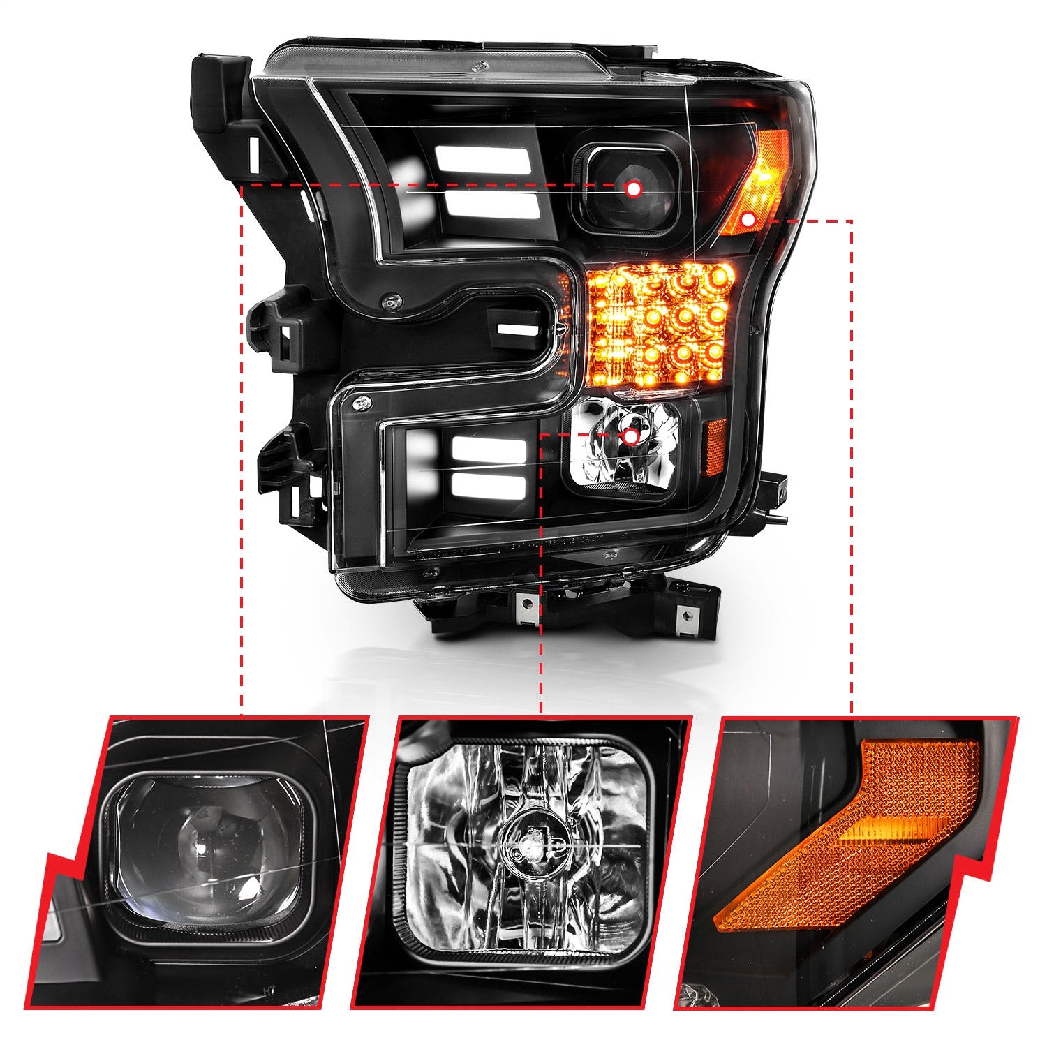 AnzoUSA 111408 Projector Headlights with Plank Style Design Black-Amber Sequential Turn Signal