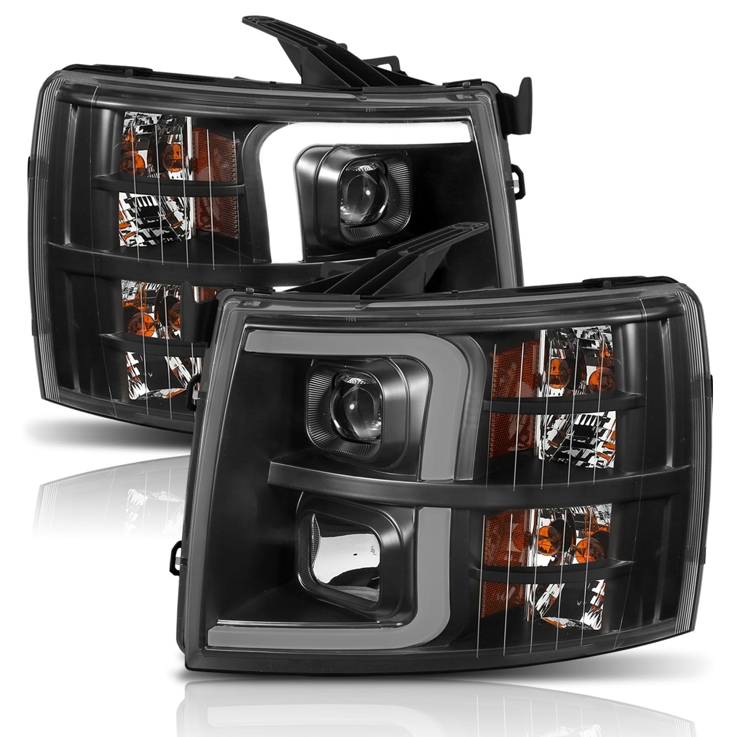 AnzoUSA 111410 Projector Headlights with Plank Style Switchback Black with Amber