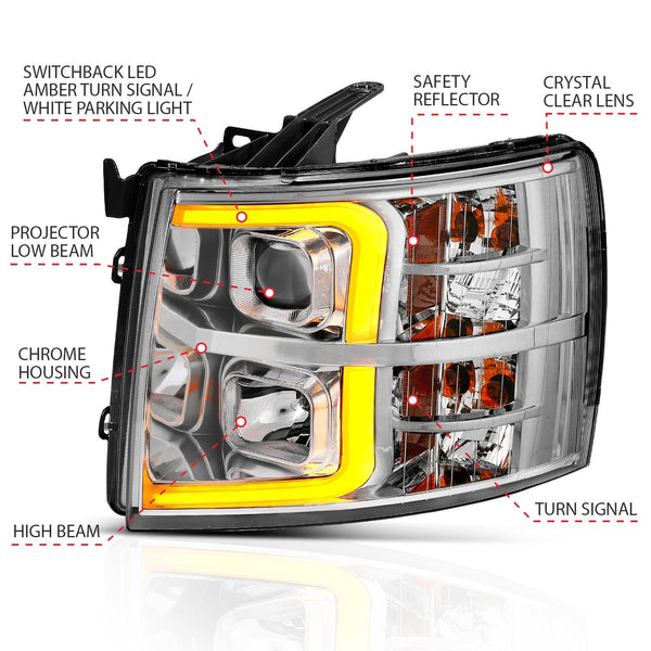 AnzoUSA 111411 Projector Headlights with Plank Style Switchback Chrome with Amber