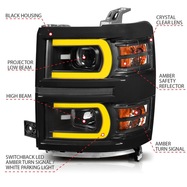 AnzoUSA 111412 Projector Headlights with Plank Style Switchback Black with Amber