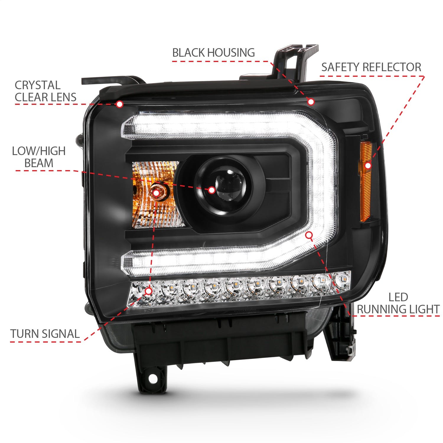 AnzoUSA 111485 Projector Headlight Plank Style Black, Sequential Amber Signal, HID Compatible