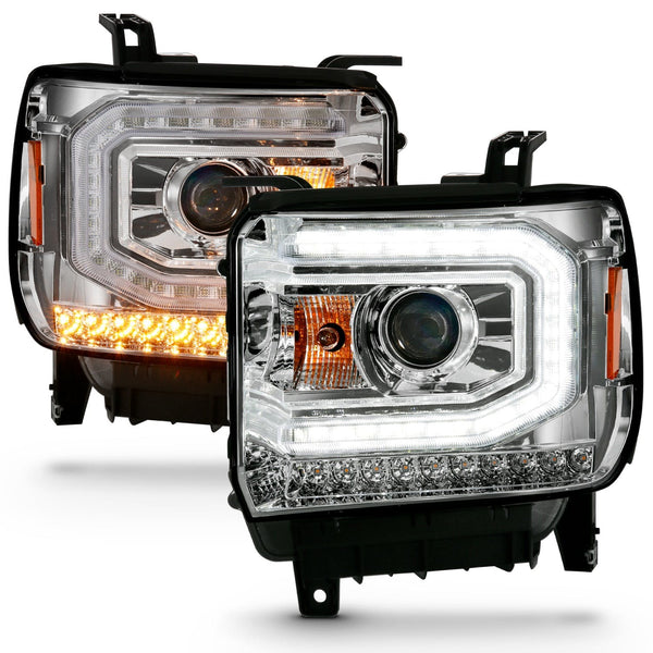 AnzoUSA 111486 Projector Headlight Plank Style Chrome, Sequential Amber Signal, HID Compatible