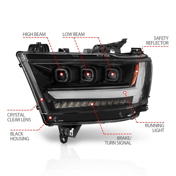 AnzoUSA 111494-L LED Projector Headlights Plank Style with Sequential Black (Driver Side Only)