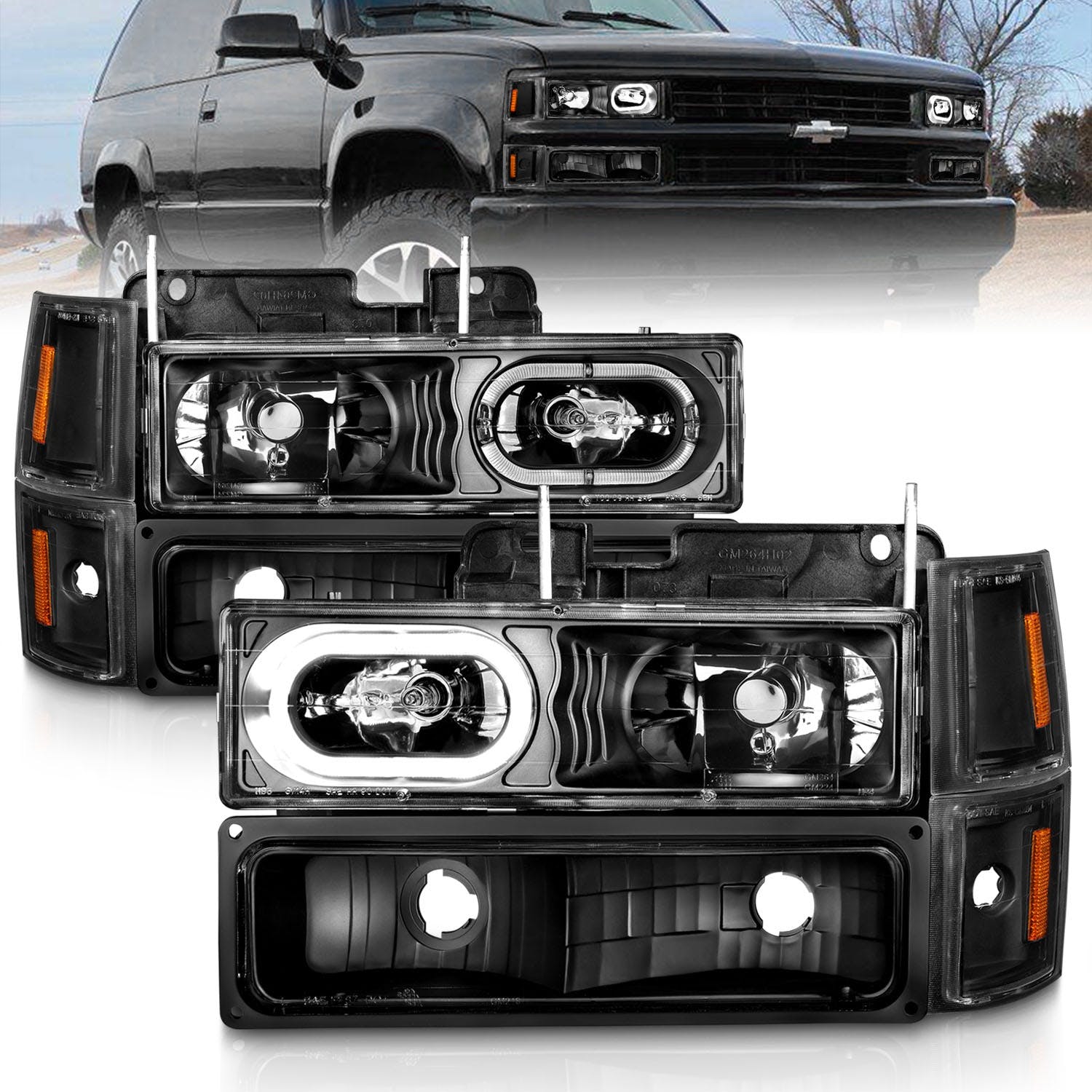 AnzoUSA 111507 Crystal Headlights Black Housing with Signal and Side Markers 8Pcs