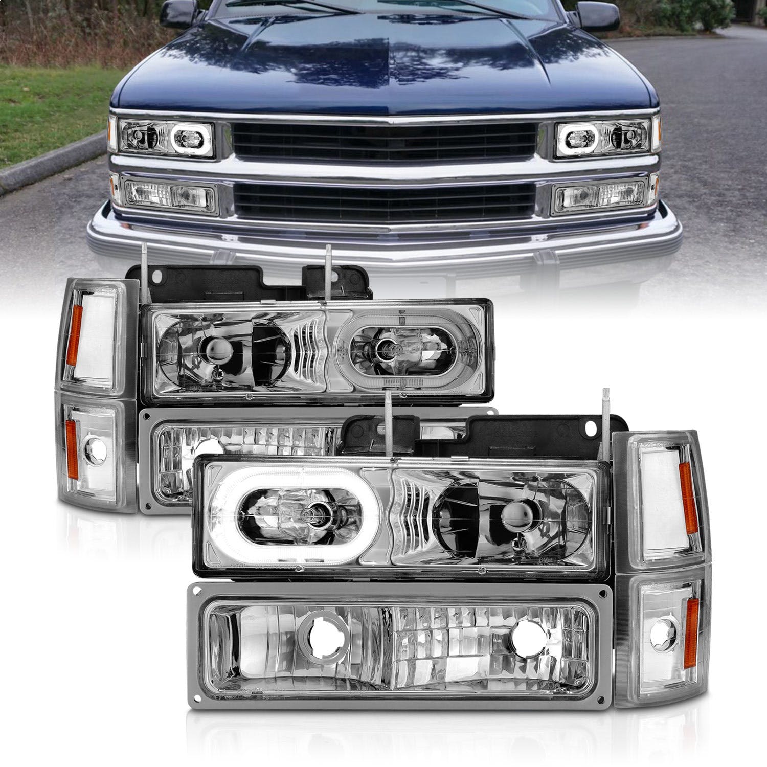 AnzoUSA 111508 Crystal Headlights with Halo Chrome Housing with Signal and Side Markers 8pc