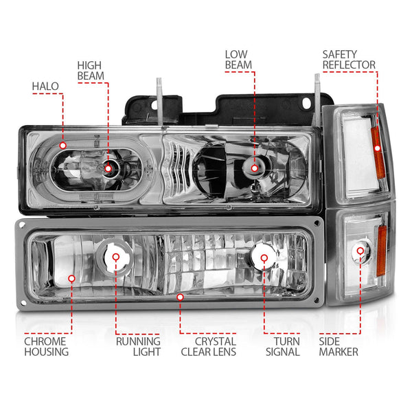 AnzoUSA 111508 Crystal Headlights with Halo Chrome Housing with Signal and Side Markers 8pc