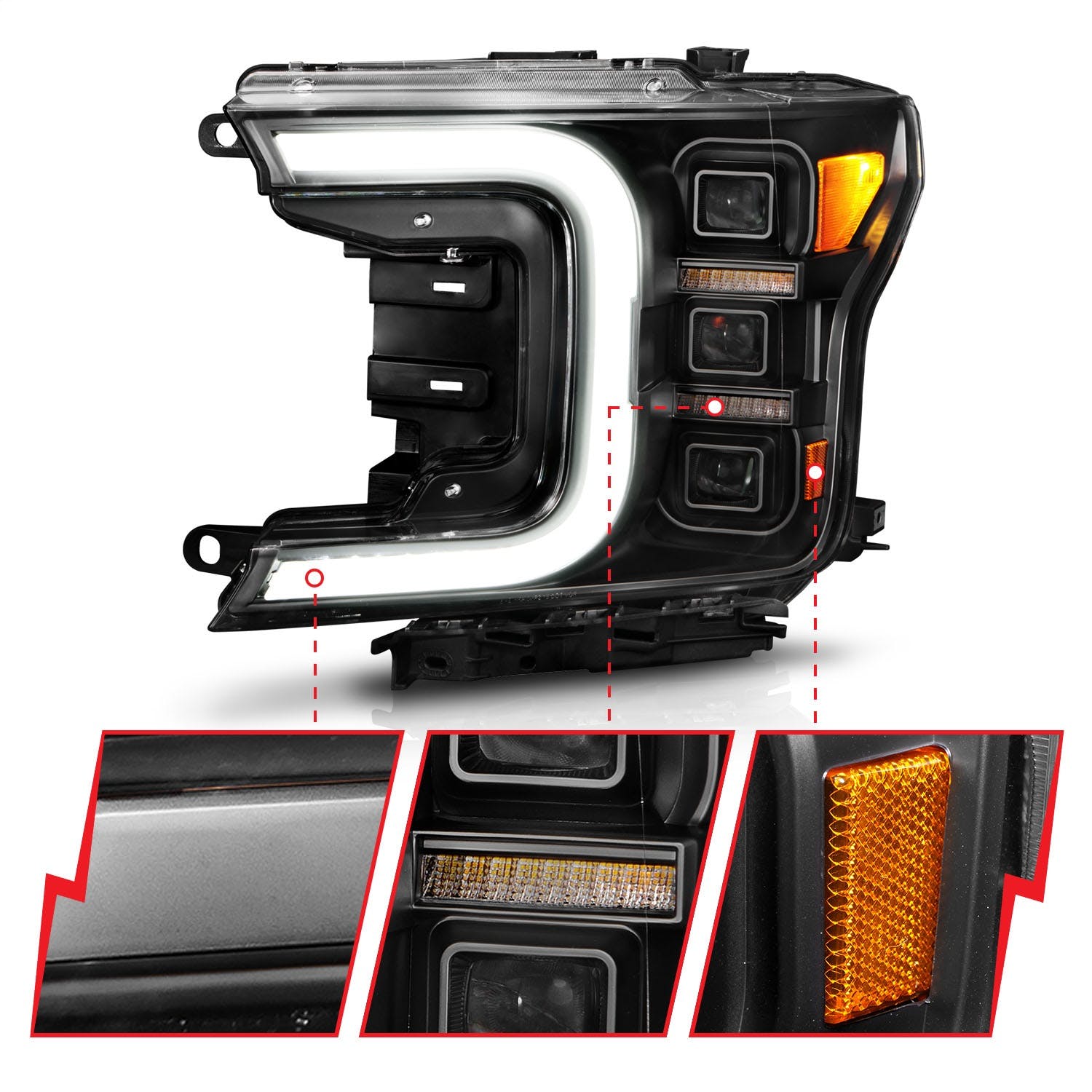AnzoUSA 111519 Full LED Projector Headlight with Light Bar Sequential Signal Black Housing