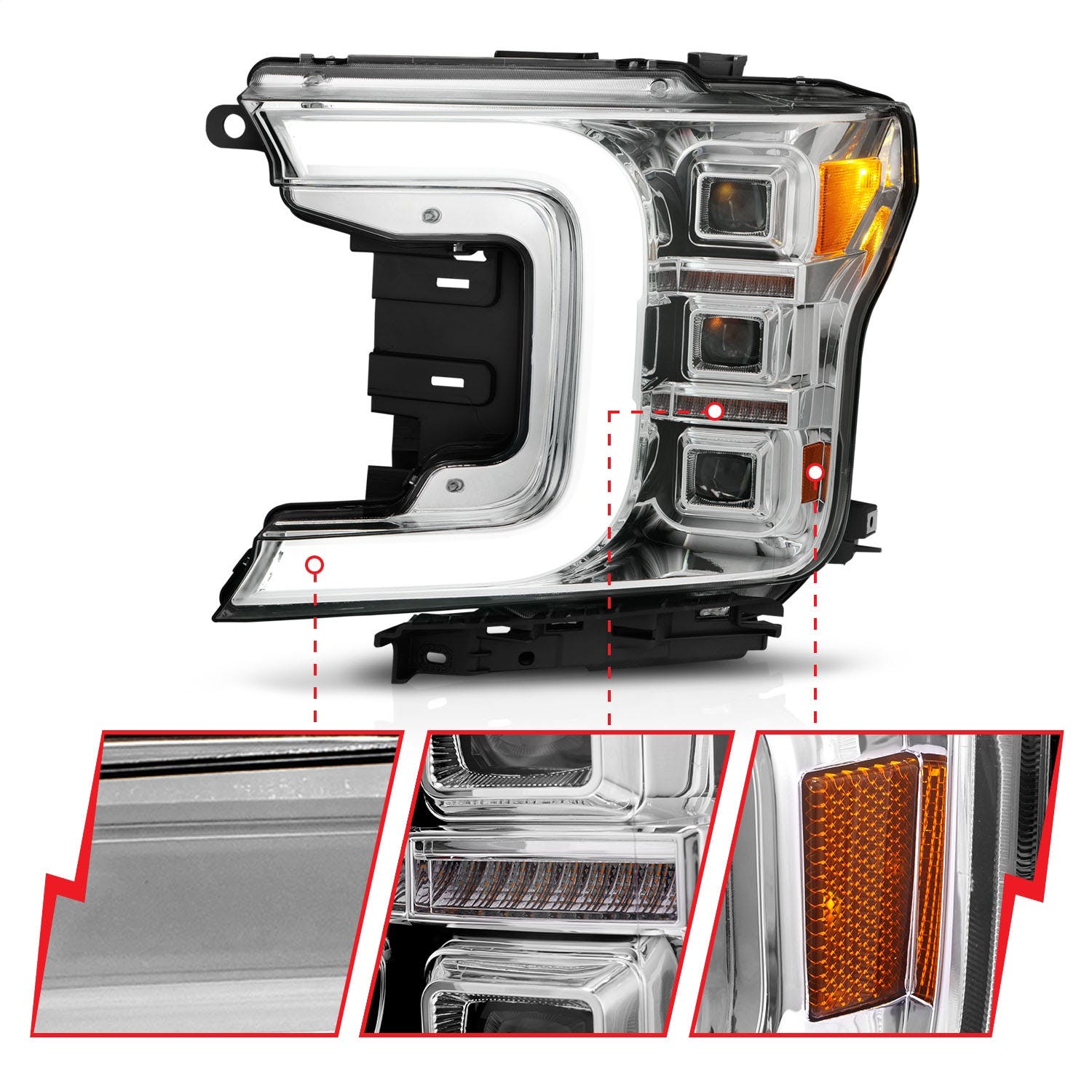 AnzoUSA 111521 Full LED Projector Headlight with Light Bar Sequential Signal Chrome Housing