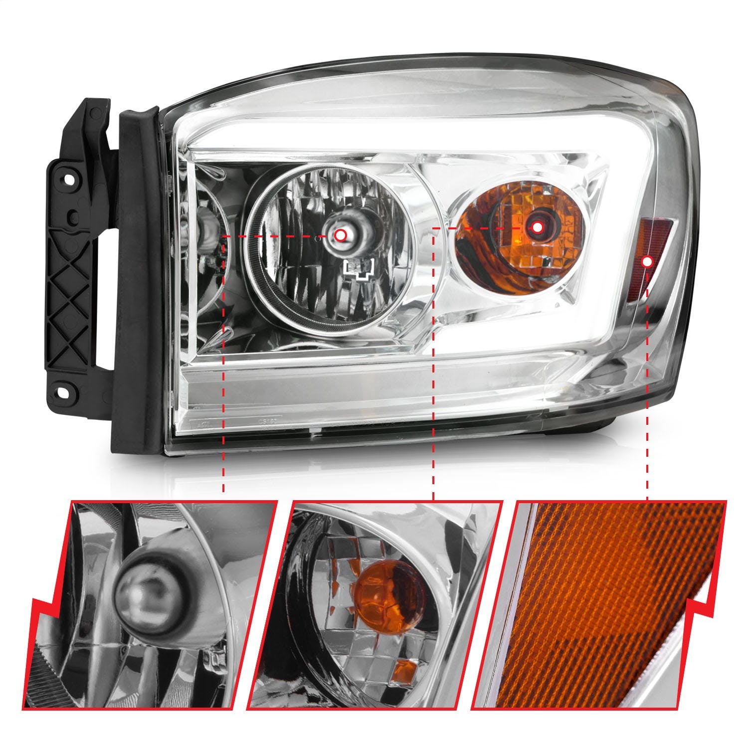 AnzoUSA 111525 Crystal Headlight with Light Bar Chrome Housing Clear Lens