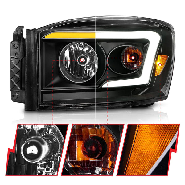 AnzoUSA 111526 Crystal Headlight with Light Bar Switchback Black Housing Clear Lens