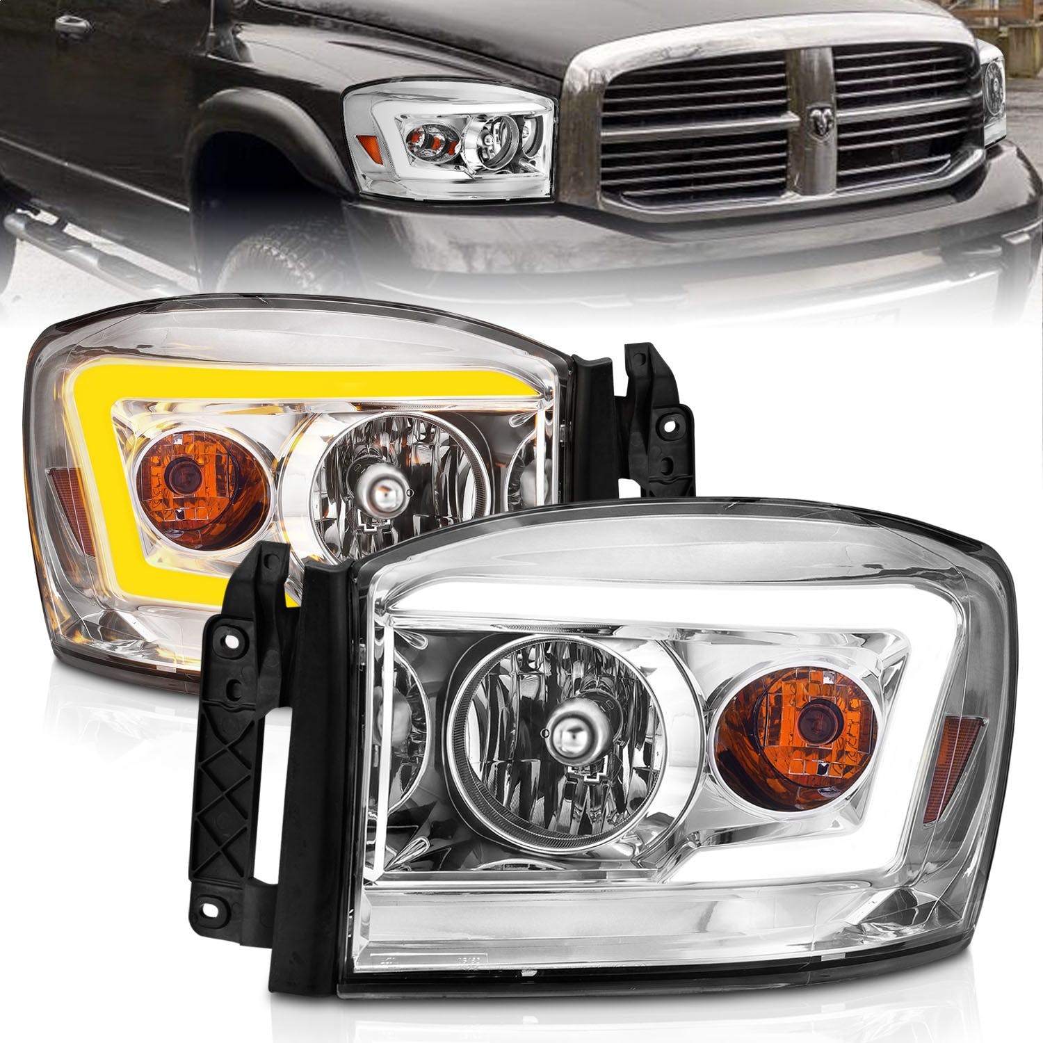 AnzoUSA 111527 Crystal Headlight with Light Bar Switchback Chrome Housing Clear Lens