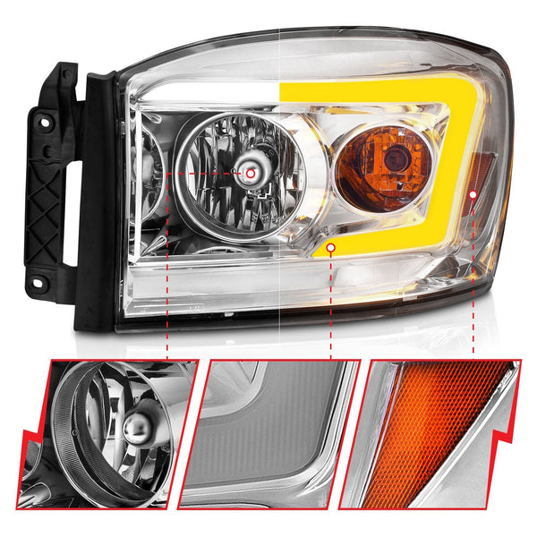 AnzoUSA 111527 Crystal Headlight with Light Bar Switchback Chrome Housing Clear Lens