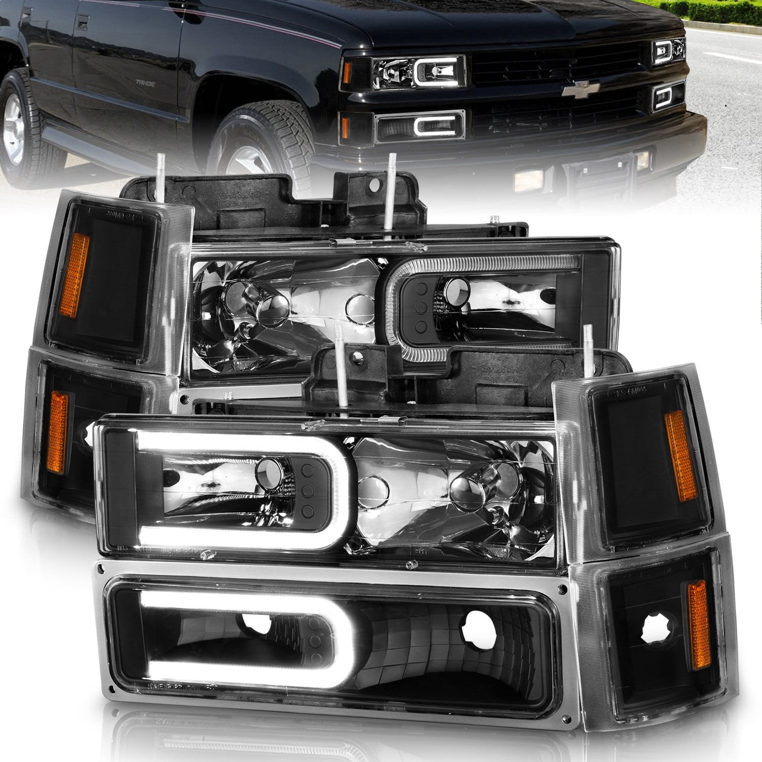 AnzoUSA 111528 Crystal Headlights with Light Bar Black Housing with Signal and Side Markers 8pc