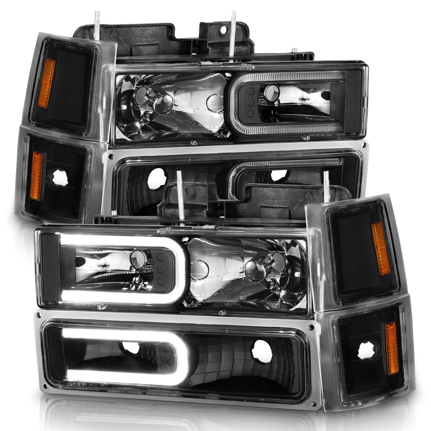 AnzoUSA 111528 Crystal Headlights with Light Bar Black Housing with Signal and Side Markers 8pc