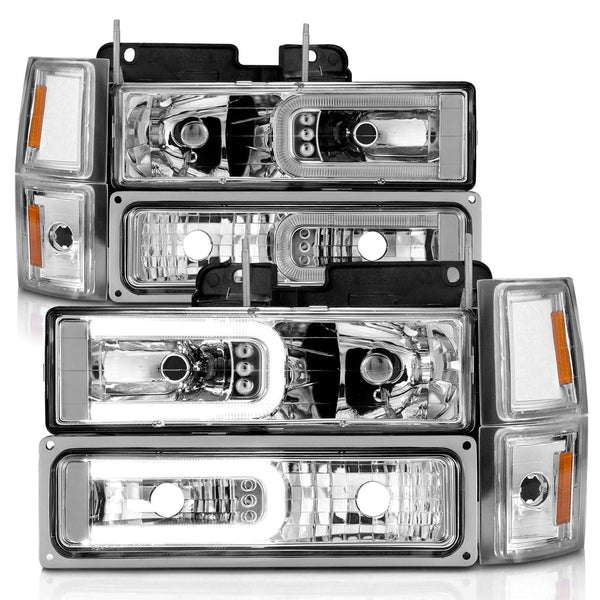 AnzoUSA 111529 Crystal Headlights with Light Bar Chrome Housing with Signal and Side Markers 8pc