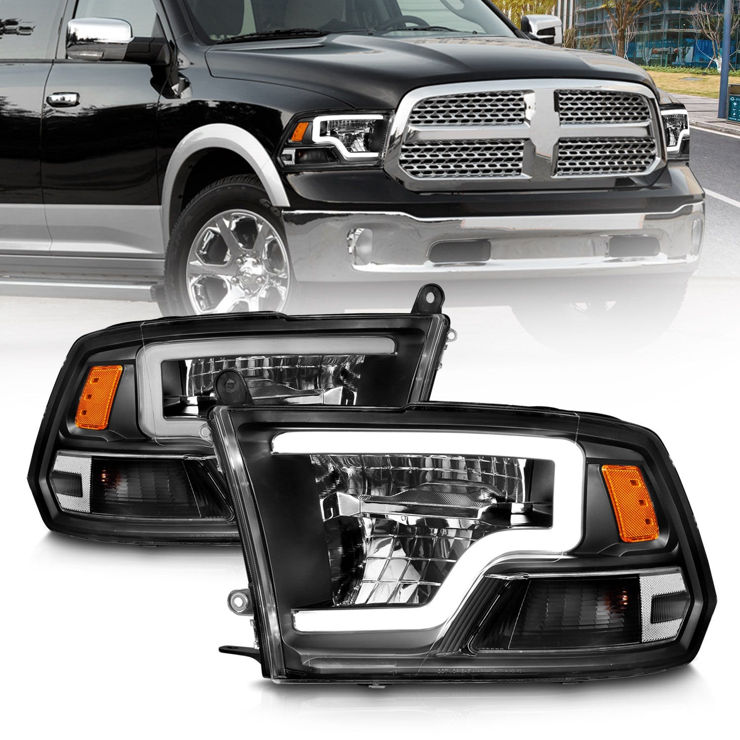 AnzoUSA 111539 Full LED Square Projector Headlights with Light Bar Chrome Housing