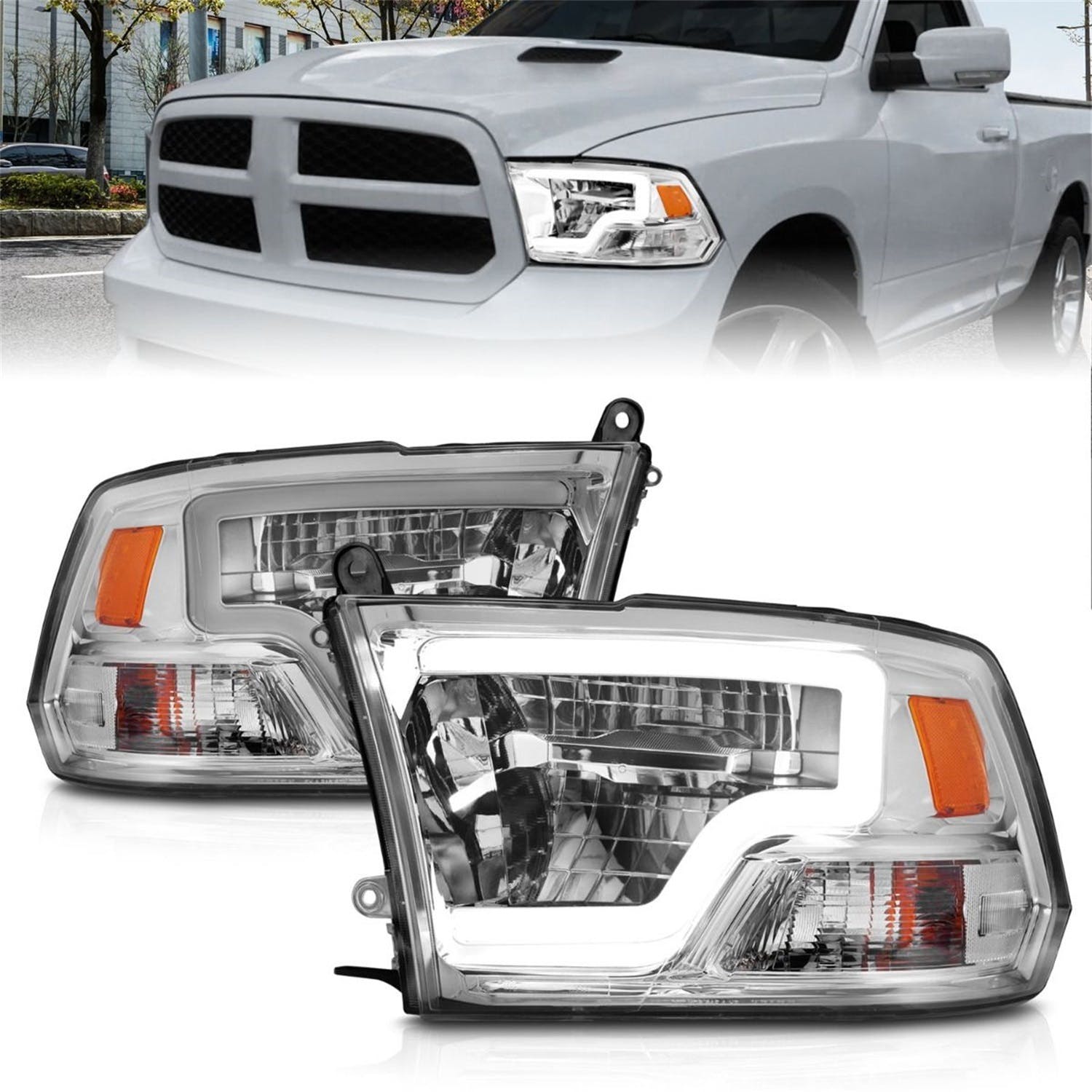 AnzoUSA 111540 Full LED Square Projector Headlights with Light Bar Chrome Housing