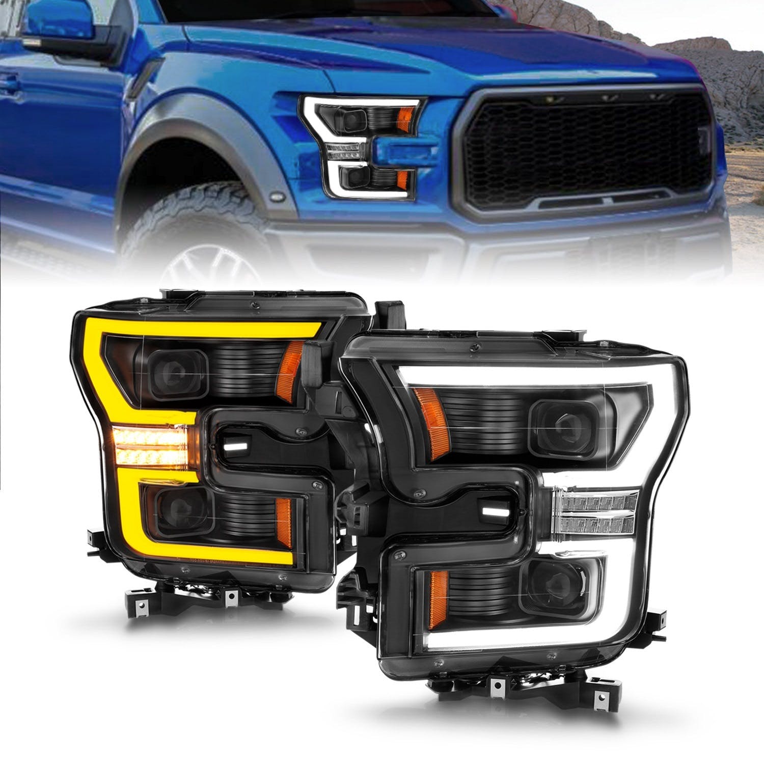 AnzoUSA 111547 Full LED Projector Headlights with Light Bar Switchback Black Housing