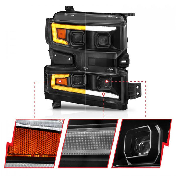 AnzoUSA 111566-R CHEVY SILVERADO 1500 19-22 FULL LED PROJECTOR PLANK STYLE HEADLIGHTS SEQUENTIAL SIGNAL BLACK W/ INITIATION FEATURE RIGHT SIDE ONLY FOR HALOGEN MODELS ONLY