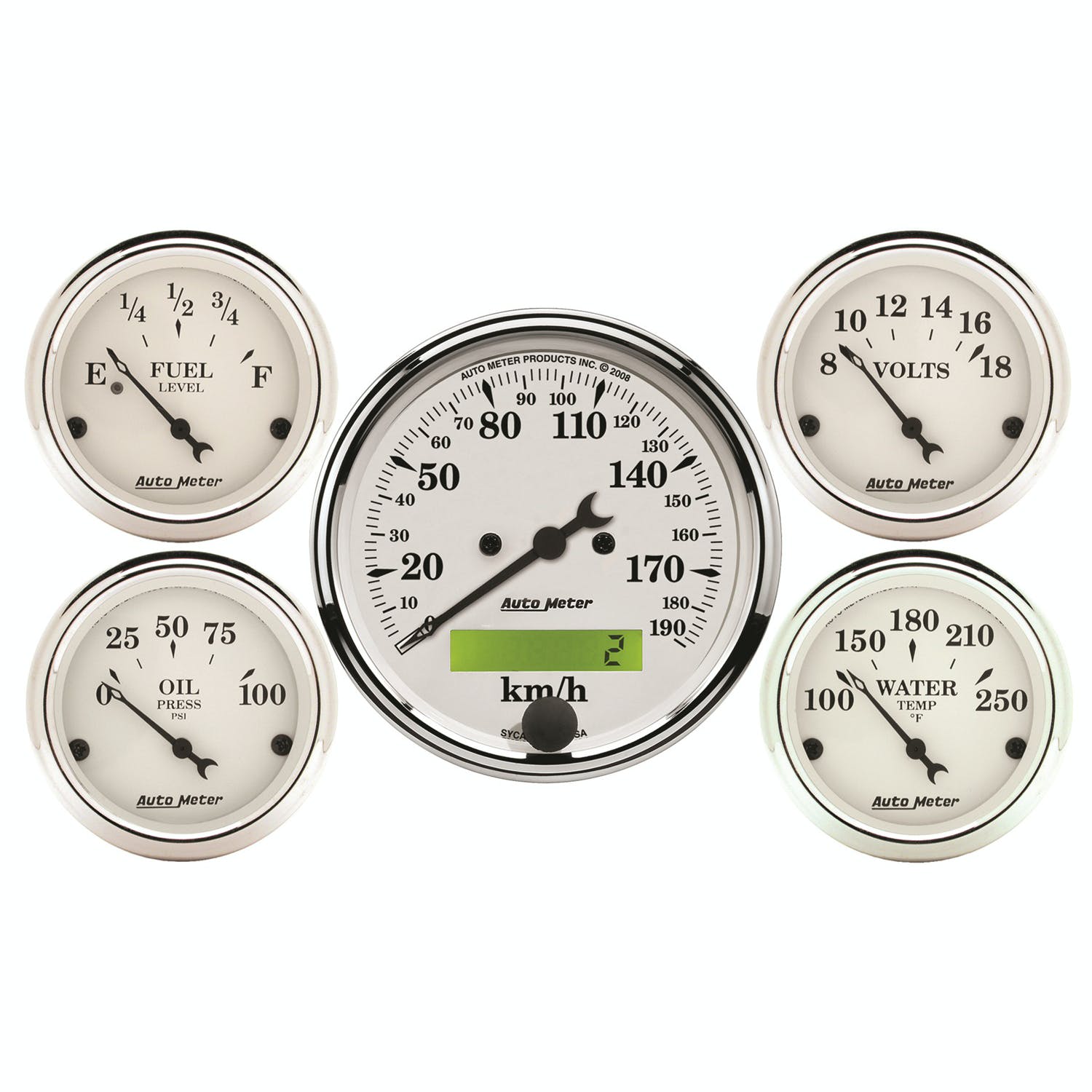 AutoMeter Products 1602-M Old Tyme White 5 Piece Kit w/ programmable km/h speedo