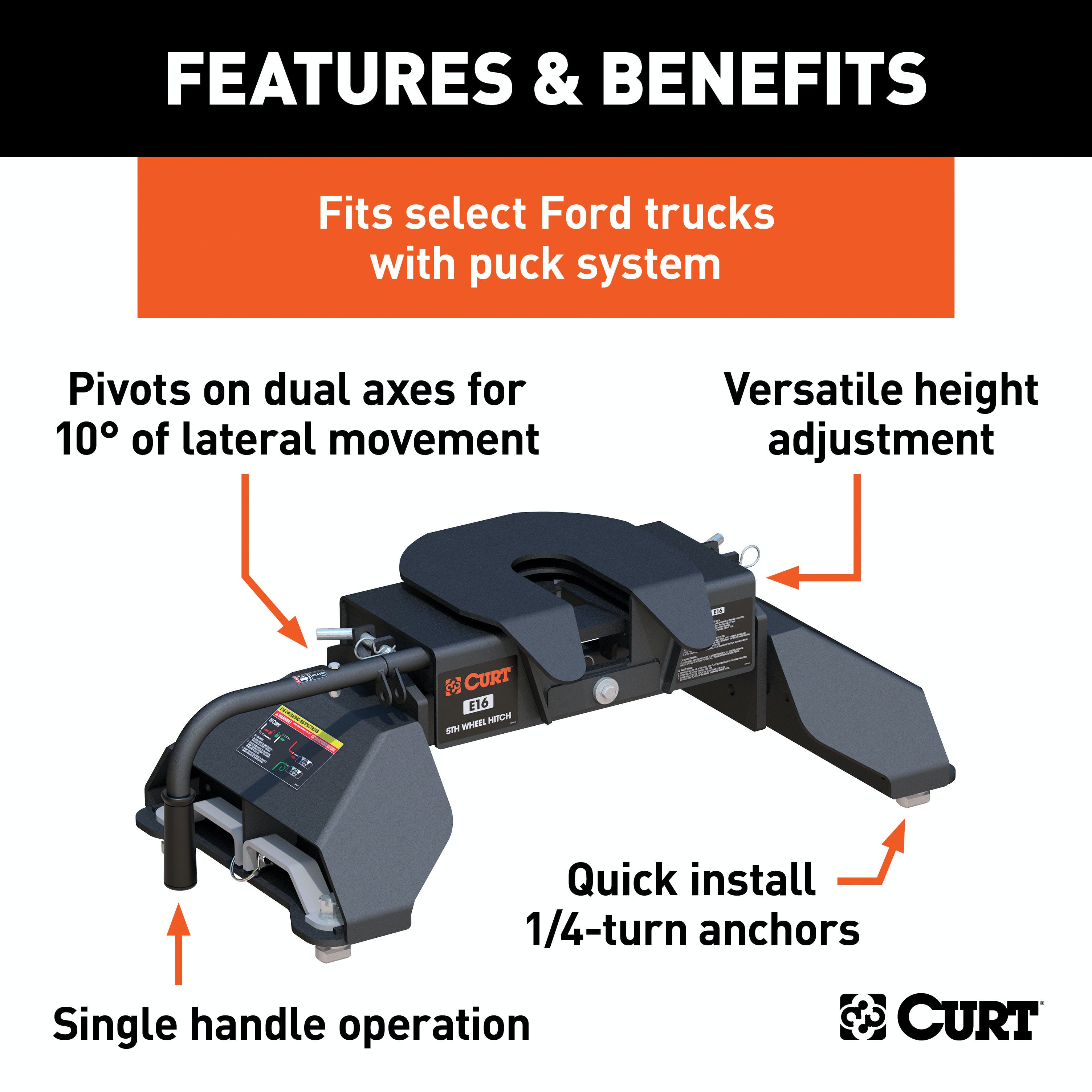 CURT 16031 E16 5th Wheel Hitch, Select Ford F-250, F-350, F-450, 8' Bed Puck System