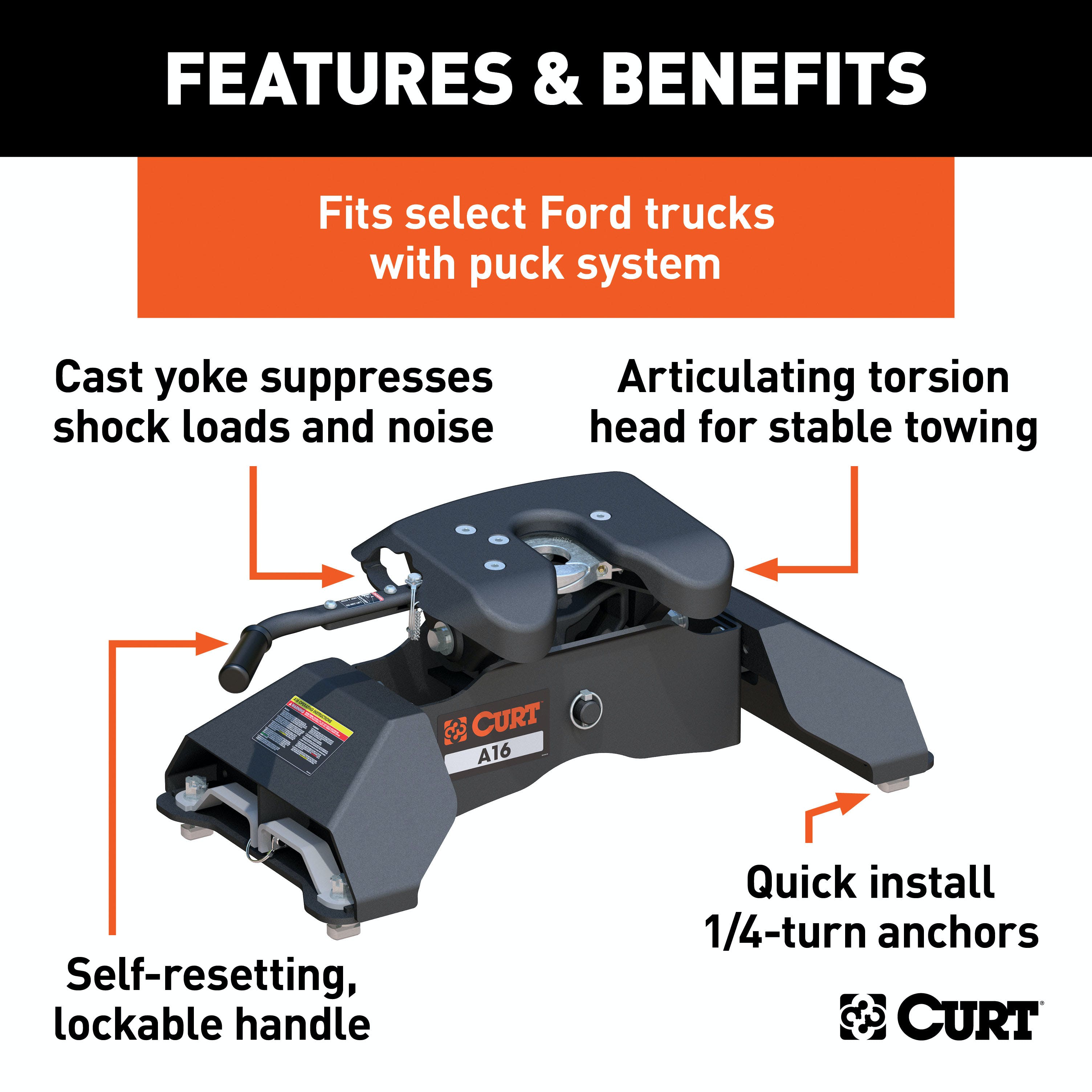 CURT 16033 A16 5th Wheel Hitch, Select Ford F-250, F-350, F-450, 8' Bed Puck System