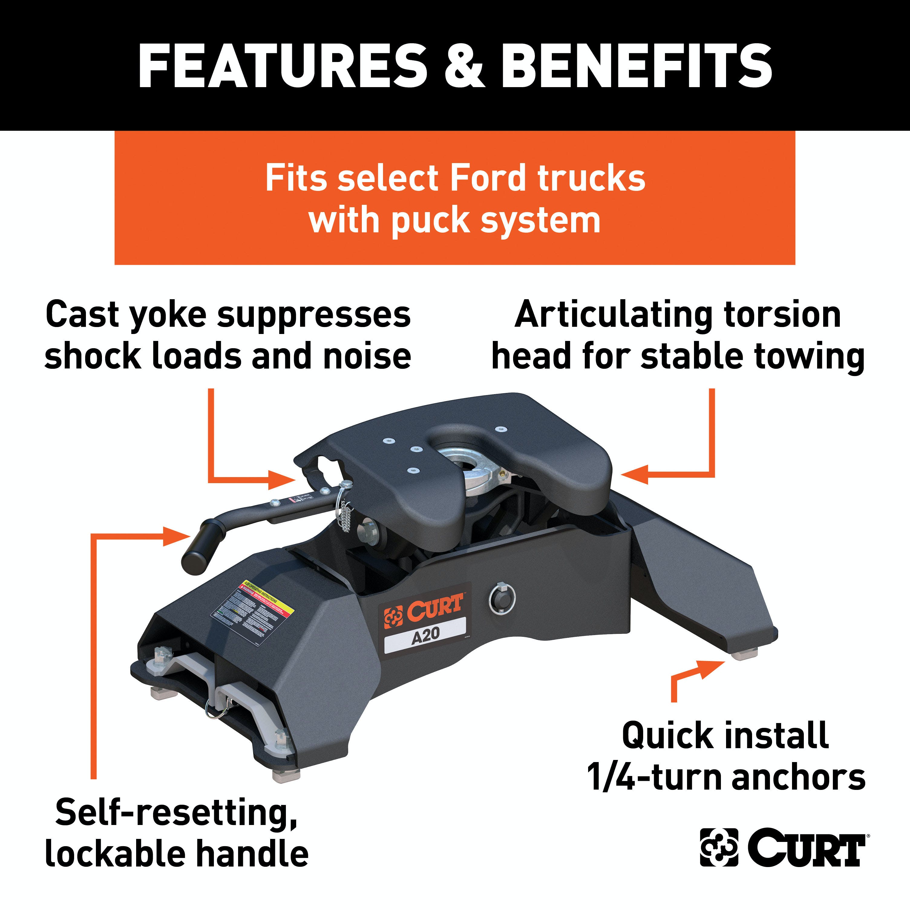 CURT 16034 A20 5th Wheel Hitch, Select Ford F-250, F-350, F-450, 8' Bed Puck System