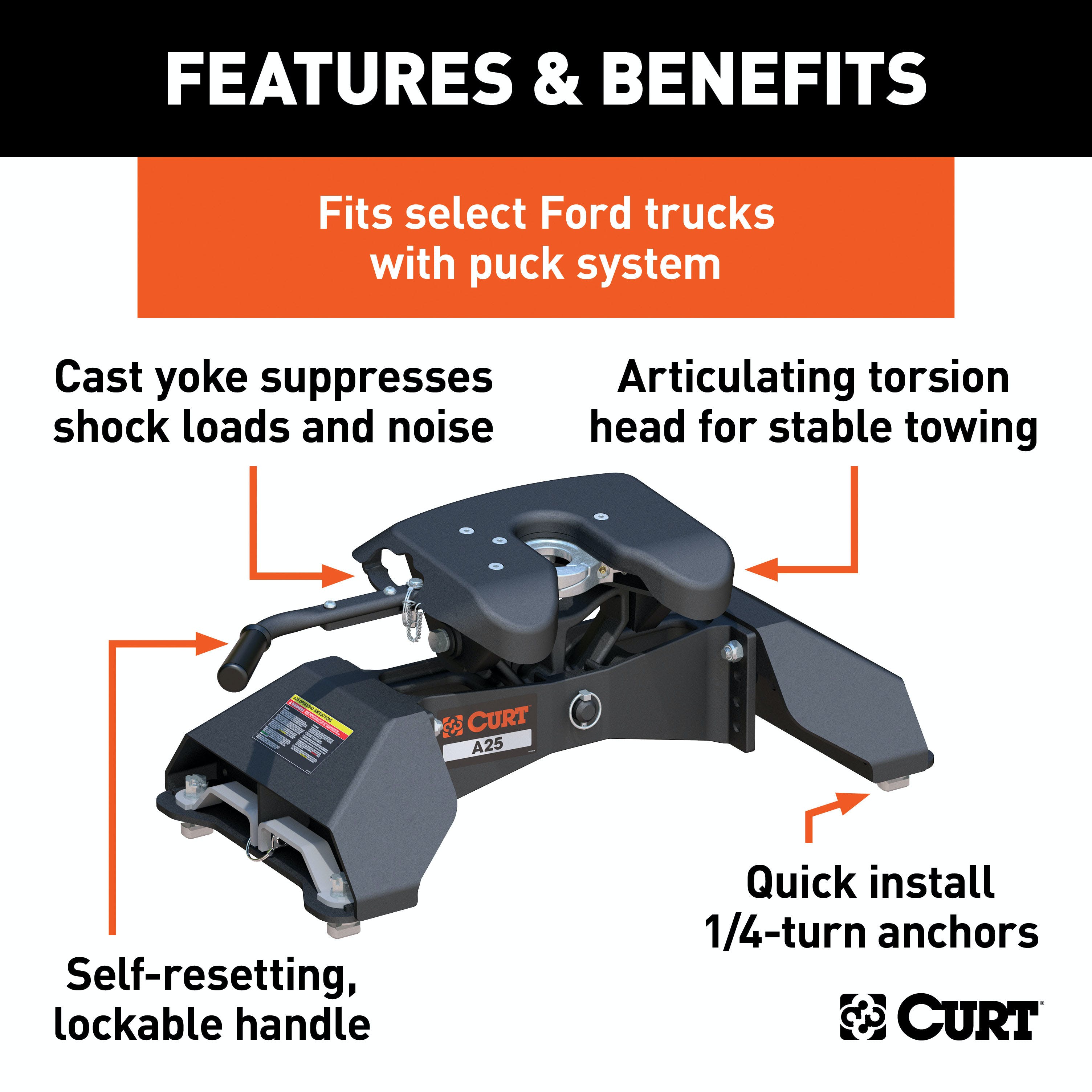 CURT 16036 A25 5th Wheel Hitch, Select Ford F-250, F-350, F-450, 8' Bed Puck System