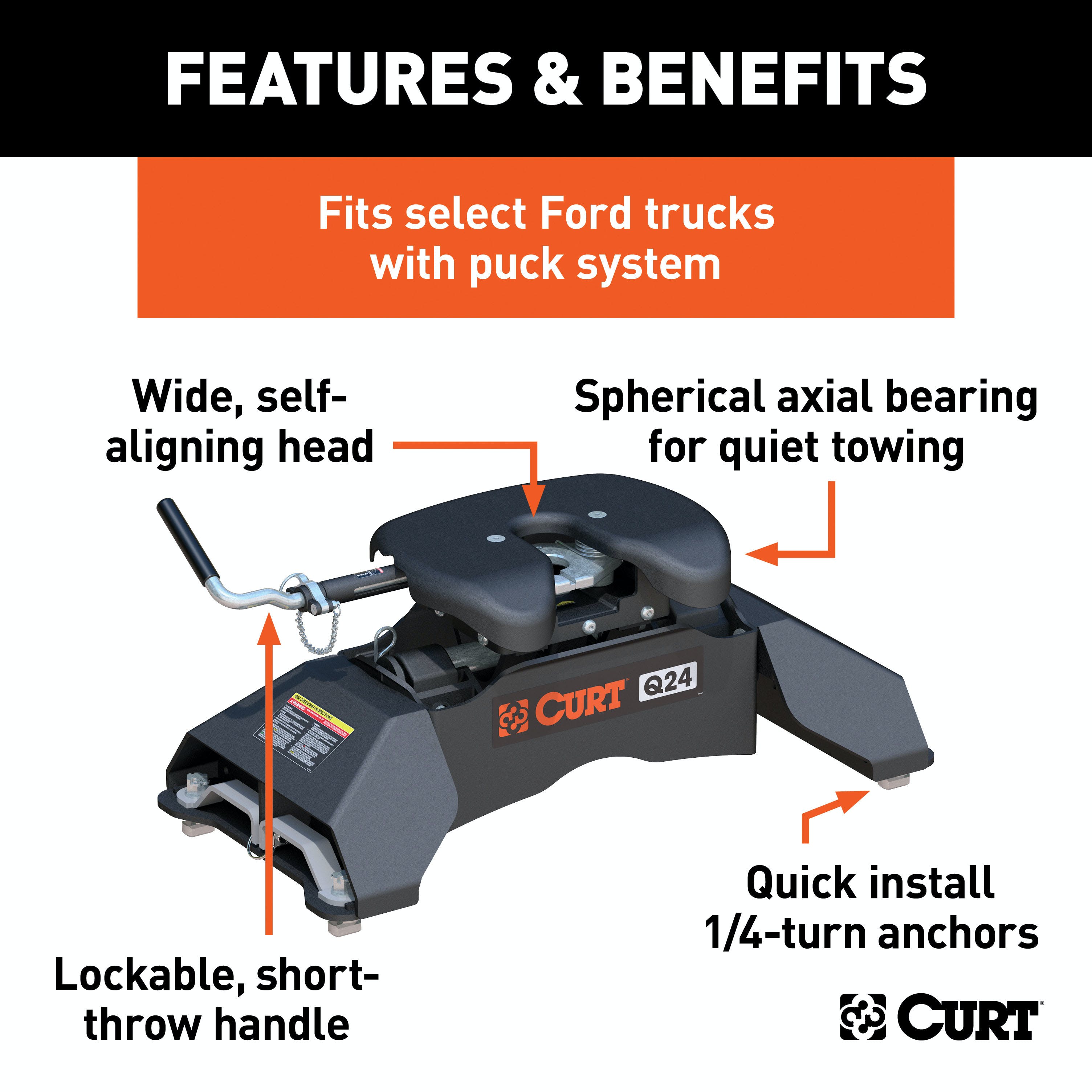 CURT 16037 Q24 5th Wheel Hitch, Select Ford F-250, F-350, F-450, 8' Bed Puck System
