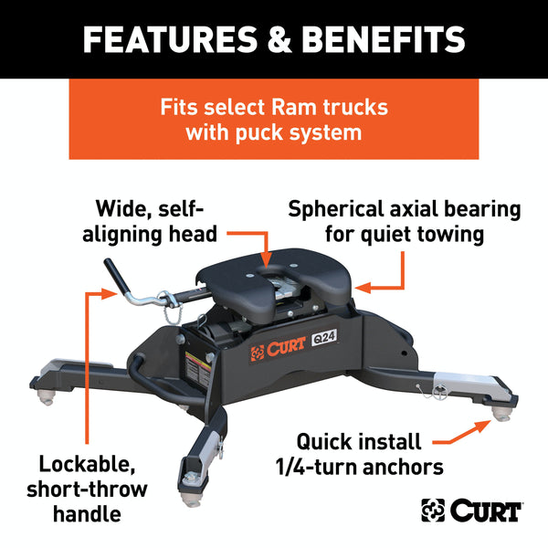 CURT 16047 Q24 5th Wheel Hitch, Select Ram 2500, 3500, 8' Bed Puck System