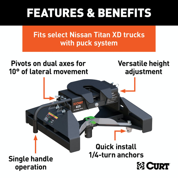 CURT 16071 E16 5th Wheel Hitch, Select Nissan Titan XD, 8' Bed Puck System